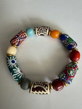 Handcrafted Multicolor Glass African Trade Bead Roll on Stretch Bracelet